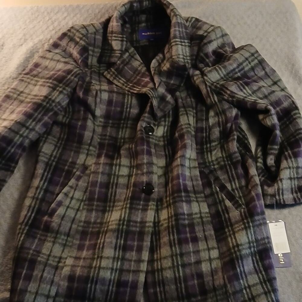 Madden Girl Plaid Lined Button Front Overcoat Size 1X Black Purple NWT